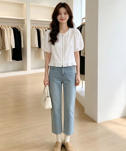gossip！ロサンゼルス（ゴシップロサンゼルス）の「リボン付きダブルジップパフスリーブブラウス（シャツ/ブラウス・レディース・ライトイエロー/ホワイト・XL/L）」の7枚目の写真