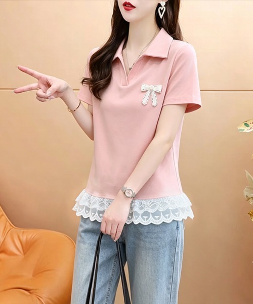 AMAJI(アマジ)の「レース切替 ショート丈 コットン 半袖Tシャツ(Tシャツ/カットソー・レディース・ライトピンク/ブラック/ホワイト・LARGE/X-LARGE/MEDIUM)」の3枚目の写真