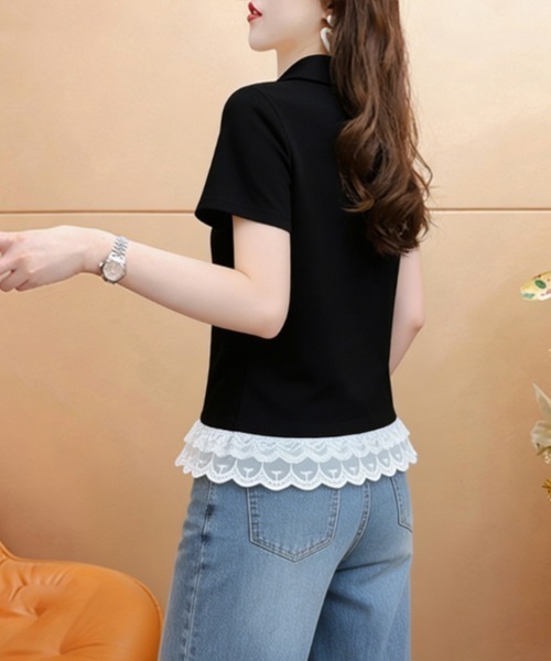 AMAJI(アマジ)の「レース切替 ショート丈 コットン 半袖Tシャツ(Tシャツ/カットソー・レディース・ライトピンク/ブラック/ホワイト・LARGE/X-LARGE/MEDIUM)」の1枚目の写真