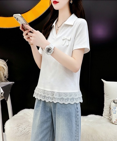 AMAJI(アマジ)の「レース切替 ショート丈 コットン 半袖Tシャツ(Tシャツ/カットソー・レディース・ライトピンク/ブラック/ホワイト・LARGE/X-LARGE/MEDIUM)」の5枚目の写真