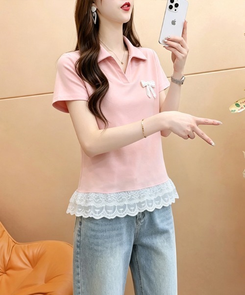 AMAJI(アマジ)の「レース切替 ショート丈 コットン 半袖Tシャツ(Tシャツ/カットソー・レディース・ライトピンク/ブラック/ホワイト・LARGE/X-LARGE/MEDIUM)」の6枚目の写真