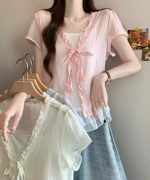 LUCPY(ラクピー)の「フリルリボンシアー半袖カーディガン(カーディガン/ボレロ・レディース・ホワイト/アイボリー/ライトブルー/ピンク・FREE)」の5枚目の写真