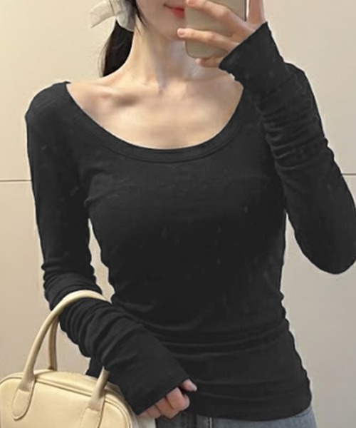 PRIVATE BEACH(プライベートビーチ)の「2WAY着用オフショルダーUネックロンT(Tシャツ/カットソー・レディース・ホワイト/ブラック/グレー・FREE)」の9枚目の写真