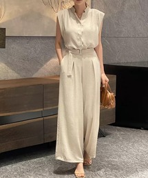 【セットアップ】ノースリーブスタンドカラーシャツ&ベルト付きワイドパンツ