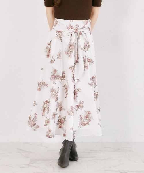 tocco closet(トッコ クローゼット)の「【S・Mサイズ展開】マルチWAYリボン付きシアーチェックフラワープリントフレアスカート(スカート・レディース・ブラウン/ピンク・S/M)」の1枚目の写真
