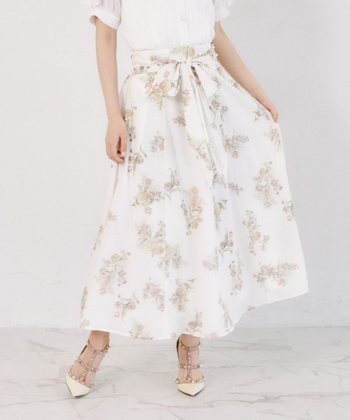 tocco closet(トッコ クローゼット)の「【S・Mサイズ展開】マルチWAYリボン付きシアーチェックフラワープリントフレアスカート(スカート・レディース・ブラウン/ピンク・S/M)」の2枚目の写真