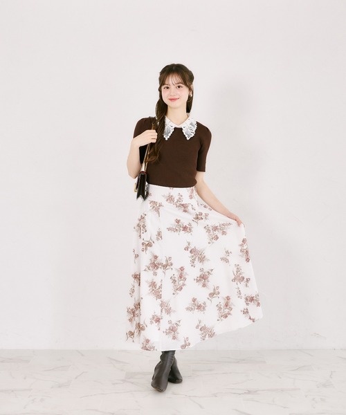 tocco closet(トッコ クローゼット)の「【S・Mサイズ展開】マルチWAYリボン付きシアーチェックフラワープリントフレアスカート(スカート・レディース・ブラウン/ピンク・S/M)」の3枚目の写真