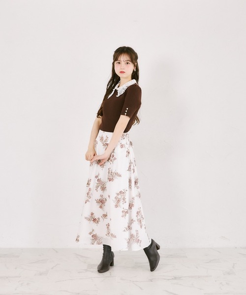 tocco closet(トッコ クローゼット)の「【S・Mサイズ展開】マルチWAYリボン付きシアーチェックフラワープリントフレアスカート(スカート・レディース・ブラウン/ピンク・S/M)」の4枚目の写真