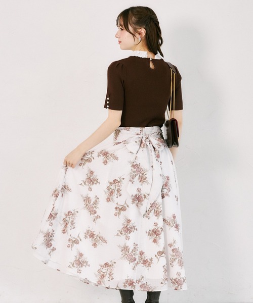 tocco closet(トッコ クローゼット)の「【S・Mサイズ展開】マルチWAYリボン付きシアーチェックフラワープリントフレアスカート(スカート・レディース・ブラウン/ピンク・S/M)」の6枚目の写真