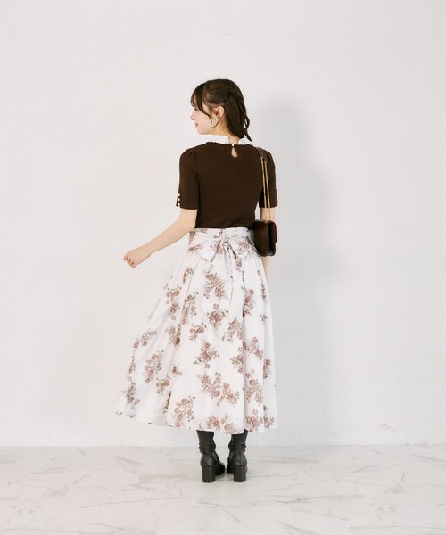 tocco closet(トッコ クローゼット)の「【S・Mサイズ展開】マルチWAYリボン付きシアーチェックフラワープリントフレアスカート(スカート・レディース・ブラウン/ピンク・S/M)」の5枚目の写真