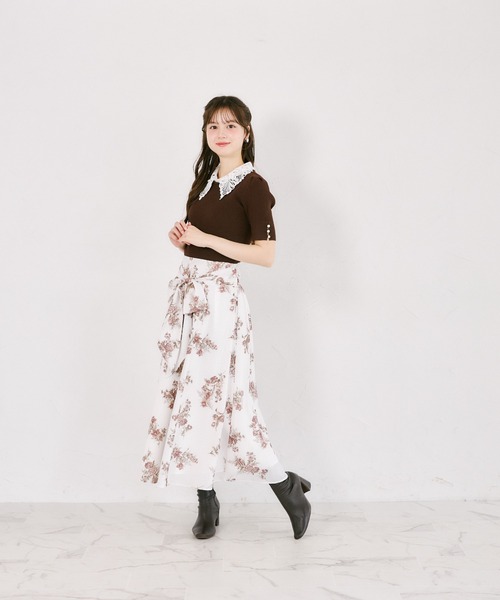 tocco closet(トッコ クローゼット)の「【S・Mサイズ展開】マルチWAYリボン付きシアーチェックフラワープリントフレアスカート(スカート・レディース・ブラウン/ピンク・S/M)」の9枚目の写真
