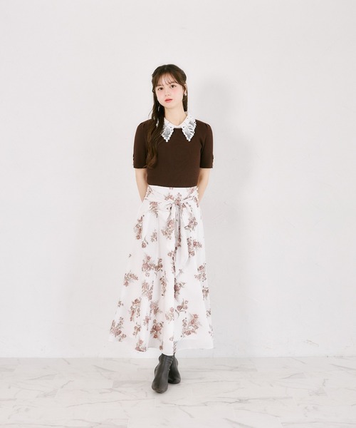 tocco closet(トッコ クローゼット)の「【S・Mサイズ展開】マルチWAYリボン付きシアーチェックフラワープリントフレアスカート(スカート・レディース・ブラウン/ピンク・S/M)」の8枚目の写真