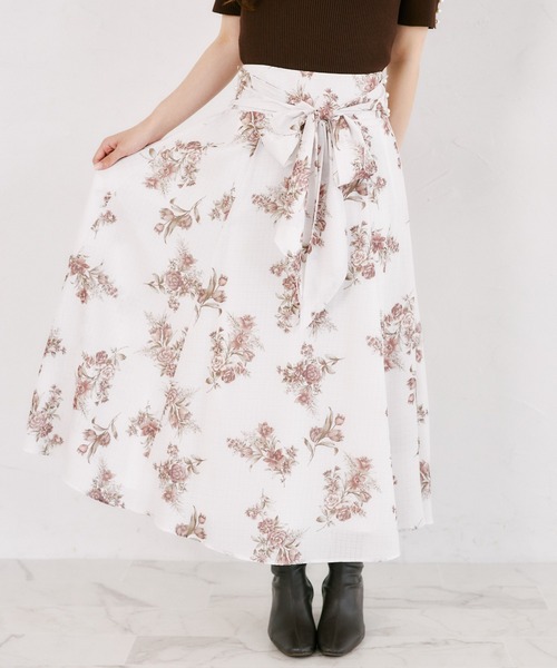tocco closet(トッコ クローゼット)の「【S・Mサイズ展開】マルチWAYリボン付きシアーチェックフラワープリントフレアスカート(スカート・レディース・ブラウン/ピンク・S/M)」の7枚目の写真