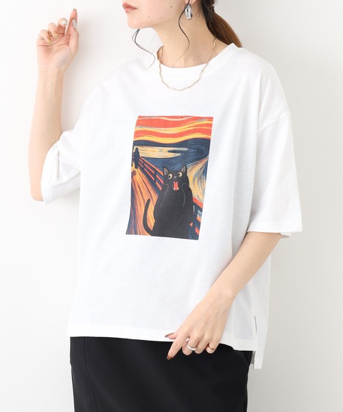 FUNALIVE(ファンアライブ)の「ネコの叫びプリント 五分袖Tシャツ(Tシャツ/カットソー・レディース・グレー系/ホワイト系/チャコールグレー/オフホワイト・L/M)」の17枚目の写真