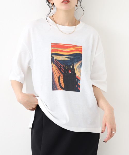 FUNALIVE(ファンアライブ)の「ネコの叫びプリント 五分袖Tシャツ(Tシャツ/カットソー・レディース・グレー系/ホワイト系/チャコールグレー/オフホワイト・L/M)」の21枚目の写真