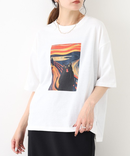 FUNALIVE(ファンアライブ)の「ネコの叫びプリント 五分袖Tシャツ(Tシャツ/カットソー・レディース・グレー系/ホワイト系/チャコールグレー/オフホワイト・L/M)」の5枚目の写真