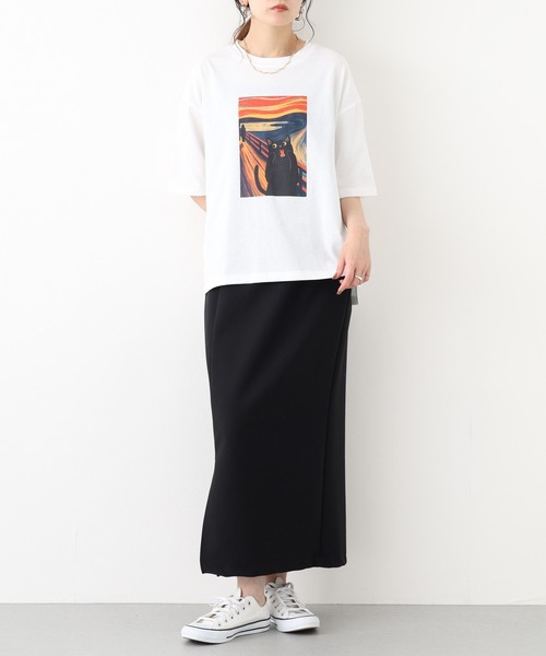 FUNALIVE(ファンアライブ)の「ネコの叫びプリント 五分袖Tシャツ(Tシャツ/カットソー・レディース・グレー系/ホワイト系/チャコールグレー/オフホワイト・L/M)」の6枚目の写真