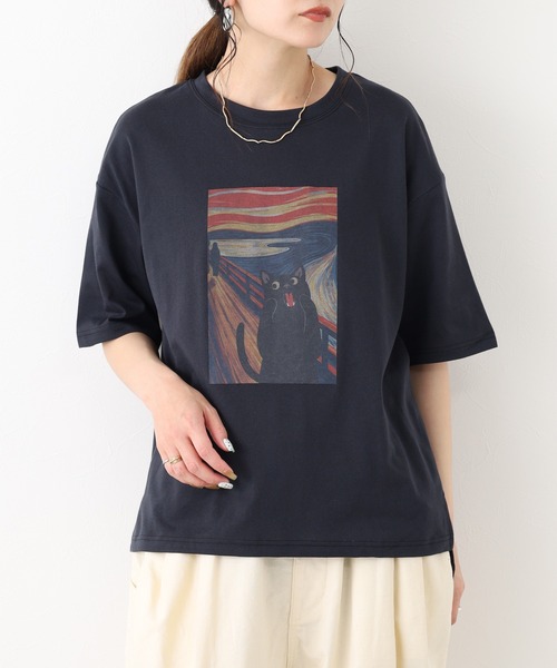 FUNALIVE(ファンアライブ)の「ネコの叫びプリント 五分袖Tシャツ(Tシャツ/カットソー・レディース・グレー系/ホワイト系/チャコールグレー/オフホワイト・L/M)」の9枚目の写真