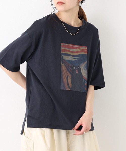 FUNALIVE(ファンアライブ)の「ネコの叫びプリント 五分袖Tシャツ(Tシャツ/カットソー・レディース・グレー系/ホワイト系/チャコールグレー/オフホワイト・L/M)」の10枚目の写真