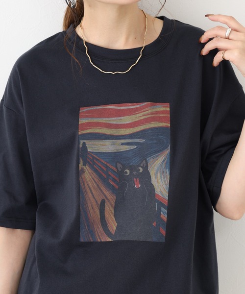 FUNALIVE(ファンアライブ)の「ネコの叫びプリント 五分袖Tシャツ(Tシャツ/カットソー・レディース・グレー系/ホワイト系/チャコールグレー/オフホワイト・L/M)」の12枚目の写真