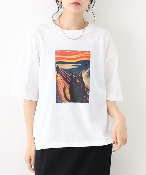 FUNALIVE(ファンアライブ)の「ネコの叫びプリント 五分袖Tシャツ(Tシャツ/カットソー・レディース・グレー系/ホワイト系/チャコールグレー/オフホワイト・L/M)」の18枚目の写真
