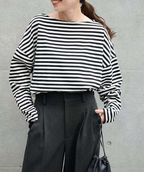 OUTDOOR PRODUCTS(アウトドアプロダクツ)の「MILITARY BORDER WIDE TEE(Tシャツ/カットソー・レディース・ブラック/グリーン/ラベンダー・FREE)」の4枚目の写真