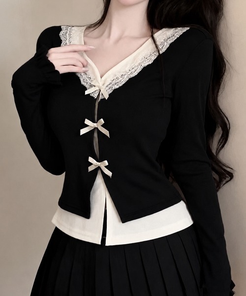 Teem Store(チームストア)の「フロントリボン レースドッキングトップス(ニット/セーター・レディース・ピンク/ブラック/グレー・M)」の1枚目の写真