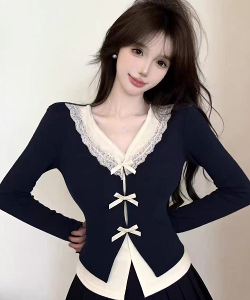 Teem Store(チームストア)の「フロントリボン レースドッキングトップス(ニット/セーター・レディース・ピンク/ブラック/グレー・M)」の12枚目の写真