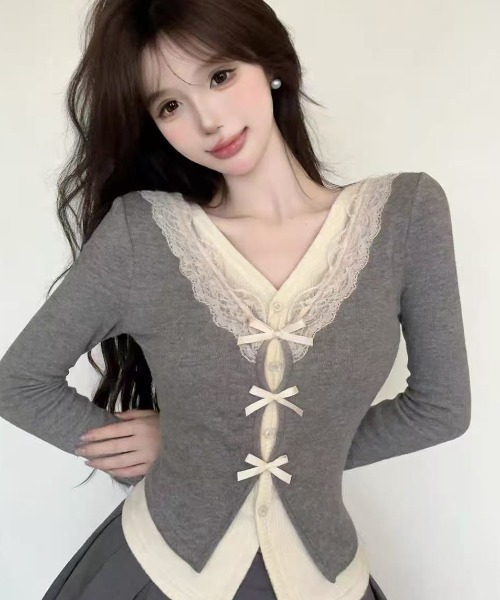 Teem Store(チームストア)の「フロントリボン レースドッキングトップス(ニット/セーター・レディース・ピンク/ブラック/グレー・M)」の5枚目の写真