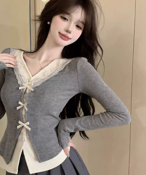 Teem Store(チームストア)の「フロントリボン レースドッキングトップス(ニット/セーター・レディース・ピンク/ブラック/グレー・M)」の6枚目の写真