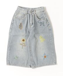フラワー刺繍7分丈デニムワイドパンツ