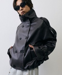 High Neck Double Breasted Leather Military Faux Pea Coat / ハイネックダブルブレステッドフェイクレザーミリタリーPコート