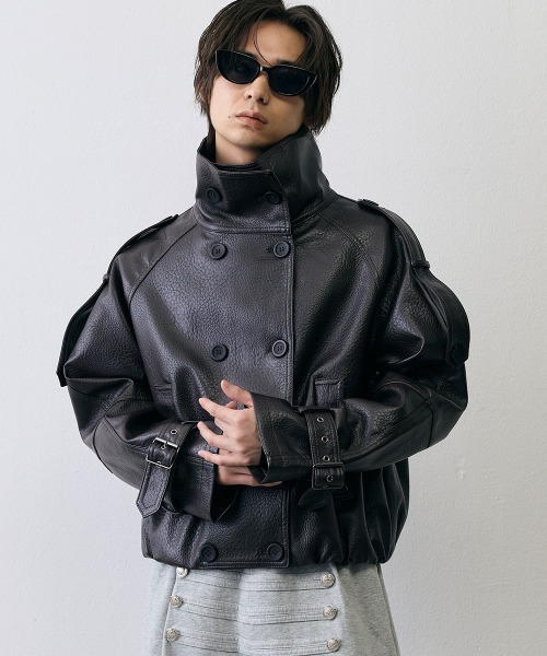 Shoowtime(ショウタイム)の「High Neck Double Breasted Leather Military Faux Pea Coat / ハイネックダブルブレステッドフェイクレザーミリタリーPコート(ピーコート・メンズ・ダークブラウン/ブラック・X-LARGE/LARGE/MEDIUM/SMALL)」の12枚目の写真