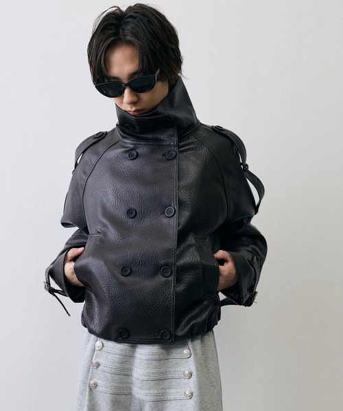 Shoowtime(ショウタイム)の「High Neck Double Breasted Leather Military Faux Pea Coat / ハイネックダブルブレステッドフェイクレザーミリタリーPコート(ピーコート・メンズ・ダークブラウン/ブラック・X-LARGE/LARGE/MEDIUM/SMALL)」の14枚目の写真