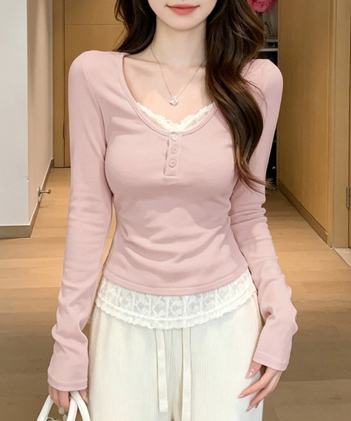 LEMOA（レモア）の「レース重ね風ヘンリーネックカットソー（Tシャツ/カットソー・レディース・ベージュ/ピンク・X-LARGE/LARGE/MEDIUM）」の12枚目の写真