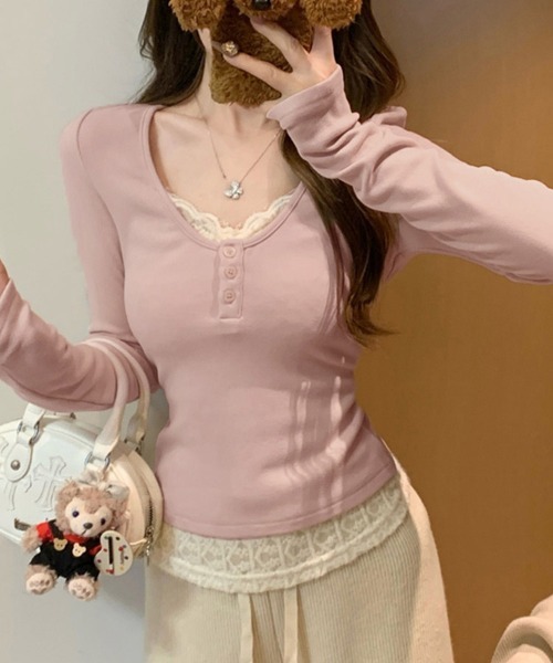 LEMOA（レモア）の「レース重ね風ヘンリーネックカットソー（Tシャツ/カットソー・レディース・ベージュ/ピンク・X-LARGE/LARGE/MEDIUM）」の16枚目の写真