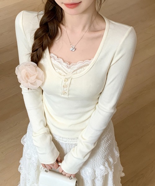 LEMOA（レモア）の「レース重ね風ヘンリーネックカットソー（Tシャツ/カットソー・レディース・ベージュ/ピンク・X-LARGE/LARGE/MEDIUM）」の4枚目の写真