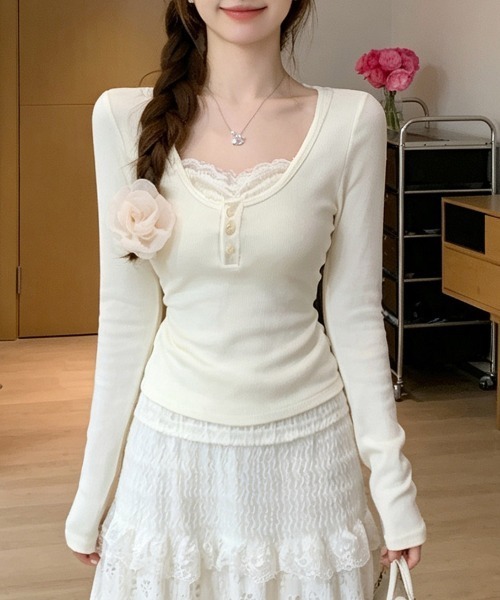 LEMOA（レモア）の「レース重ね風ヘンリーネックカットソー（Tシャツ/カットソー・レディース・ベージュ/ピンク・X-LARGE/LARGE/MEDIUM）」の5枚目の写真