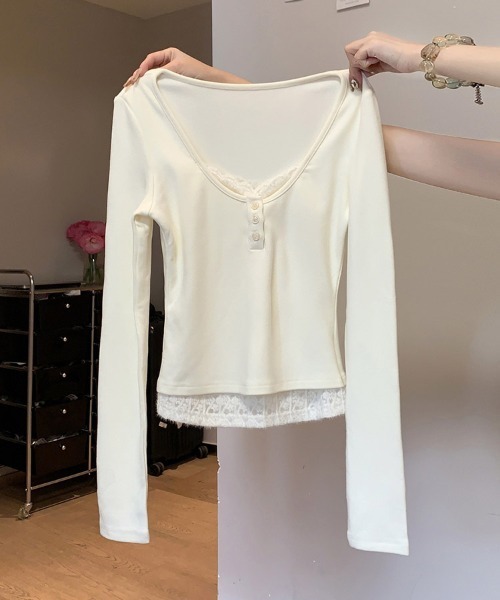LEMOA（レモア）の「レース重ね風ヘンリーネックカットソー（Tシャツ/カットソー・レディース・ベージュ/ピンク・X-LARGE/LARGE/MEDIUM）」の7枚目の写真