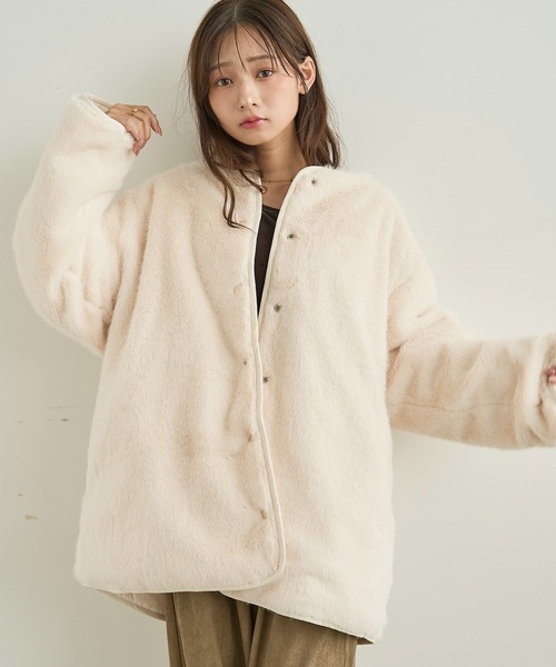 mil(ミル)の「キルティング×ファー リバーシブルコート 【588235】(ノーカラーコート・レディース・ブラック/モカ/アイボリー・XS/S)」の15枚目の写真