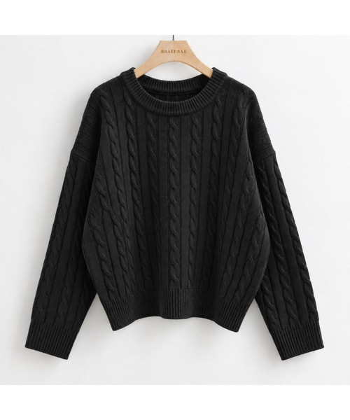 BBAEBBAE(ペッペ)の「ラウンドネック クラシック ケーブル編みニットTシャツ 5COLOR(ニット/セーター・レディース・チャコールグレー/ブラック/ピンク/ブルー/アイボリー・1/2/3)」の2枚目の写真