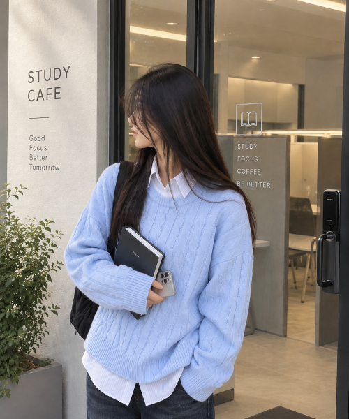 BBAEBBAE(ペッペ)の「ラウンドネック クラシック ケーブル編みニットTシャツ 5COLOR(ニット/セーター・レディース・チャコールグレー/ブラック/ピンク/ブルー/アイボリー・1/2/3)」の7枚目の写真