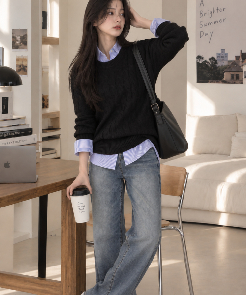 BBAEBBAE(ペッペ)の「ラウンドネック クラシック ケーブル編みニットTシャツ 5COLOR(ニット/セーター・レディース・チャコールグレー/ブラック/ピンク/ブルー/アイボリー・1/2/3)」の9枚目の写真