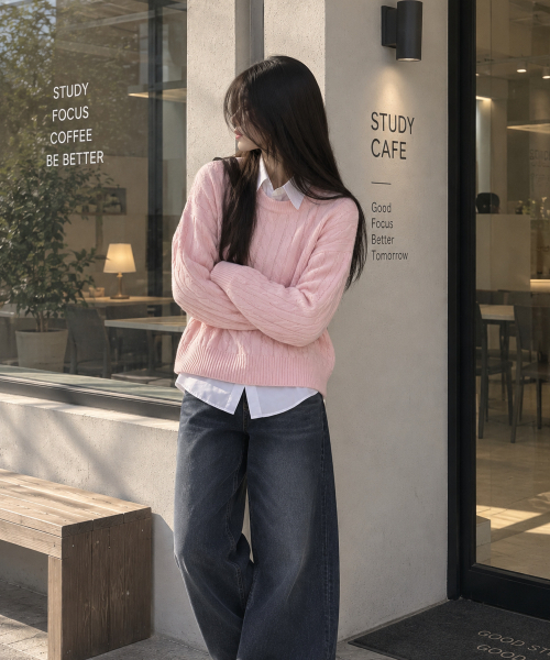 BBAEBBAE(ペッペ)の「ラウンドネック クラシック ケーブル編みニットTシャツ 5COLOR(ニット/セーター・レディース・チャコールグレー/ブラック/ピンク/ブルー/アイボリー・1/2/3)」の11枚目の写真