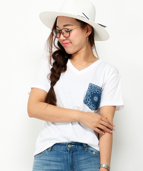 VENCEEXCHANGE(ヴァンスエクスチェンジ)の「柄ポケット半袖T(Tシャツ/カットソー・レディース・ホワイト/オフホワイト/グレー/オレンジ/ダークグリーン/コーラル/オリーブ/ネイビー・MEDIUM)」の2枚目の写真