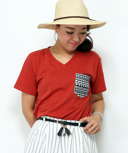 VENCEEXCHANGE(ヴァンスエクスチェンジ)の「柄ポケット半袖T(Tシャツ/カットソー・レディース・ホワイト/オフホワイト/グレー/オレンジ/ダークグリーン/コーラル/オリーブ/ネイビー・MEDIUM)」の7枚目の写真