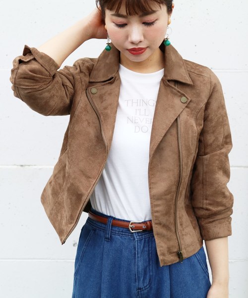 reca（レカ）の「フェイクスウェードダブルライダースジャケット（ライダースジャケット・レディース・スミクロ/グレー系その他/ブラウン/キャメル/ピンクベージュ・M）」の4枚目の写真