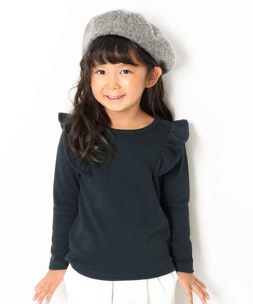 devirock（デビロック）の「裏シャギー肩フリルトップス（Tシャツ/カットソー・キッズ・ブラック/ヘザーチャコール/ネイビー/ワイン/スモークピンク/ラベンダー・100cm/110cm/120cm/130cm/140cm/150cm/160cm）」の3枚目の写真