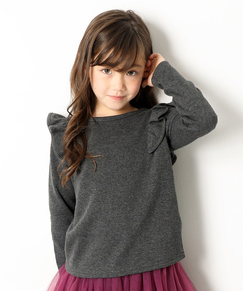 devirock（デビロック）の「裏シャギー肩フリルトップス（Tシャツ/カットソー・キッズ・ブラック/ヘザーチャコール/ネイビー/ワイン/スモークピンク/ラベンダー・100cm/110cm/120cm/130cm/140cm/150cm/160cm）」の2枚目の写真