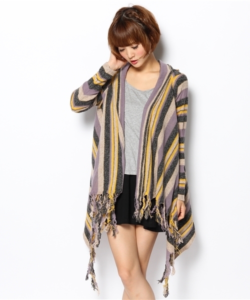 laule'a sunny side store(ラウレアサニーサイドストア)の「【Slic*Slic】マルチストライプニットカーディガン(カーディガン/ボレロ・レディース・ワイン/パープル・FREE)」の1枚目の写真